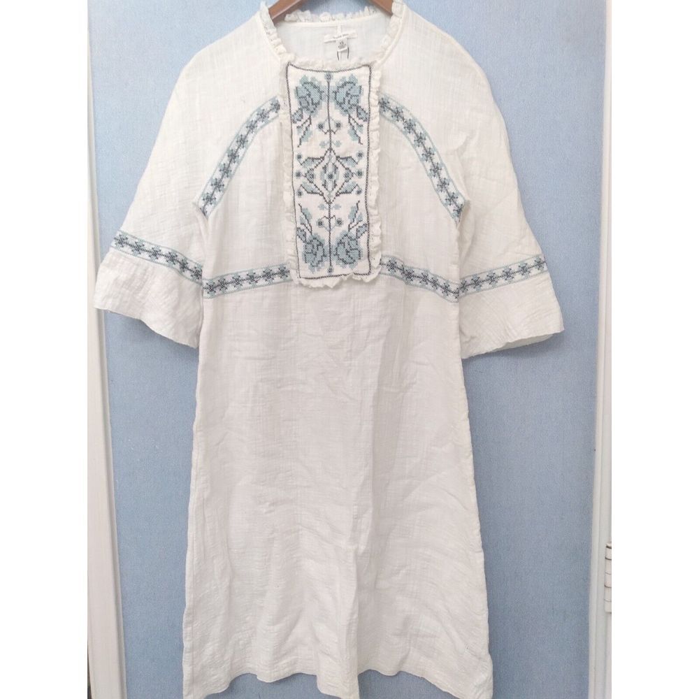 Bohemian White Linen Embroidered Midi Dress‎ with Bell Sleeves Blue Folk Pattern